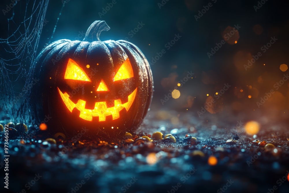 Glowing jack-o'-lantern surrounded by mist, cobwebs, and scattered candies in a dark, spooky atmosphere Glowing jack-o'-lantern surrounded by mist, cobwebs, and scattered candies in a dark, spooky atmosphere