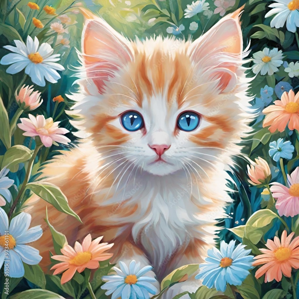 Fototapeta Kitten in a floral garden 