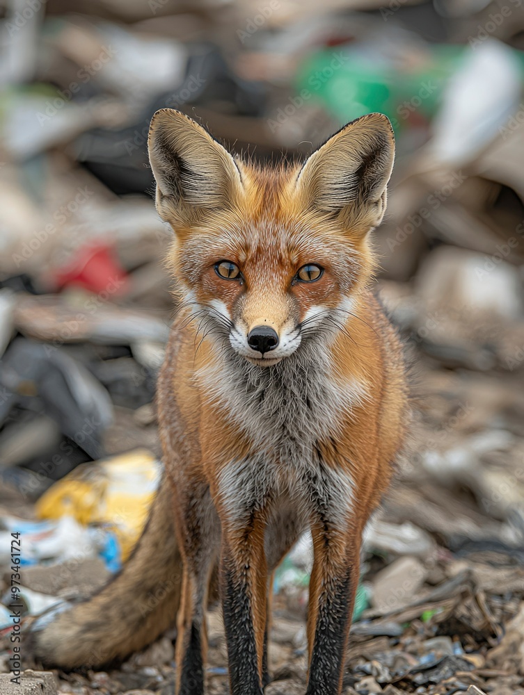 Obraz premium A Red Fox Standing Among Rubbish
