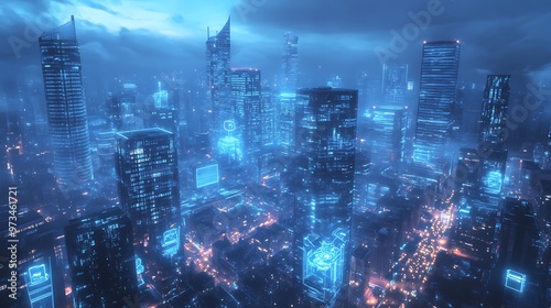 Futuristic cyberpunk city with glowing neon lights and skyscrapers, night scene.