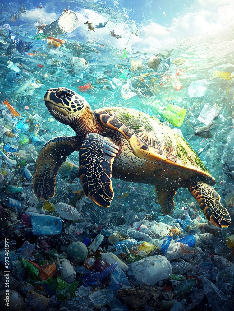 Obraz premium Sea Turtle Swimming Through Plastic Pollution in the Ocean