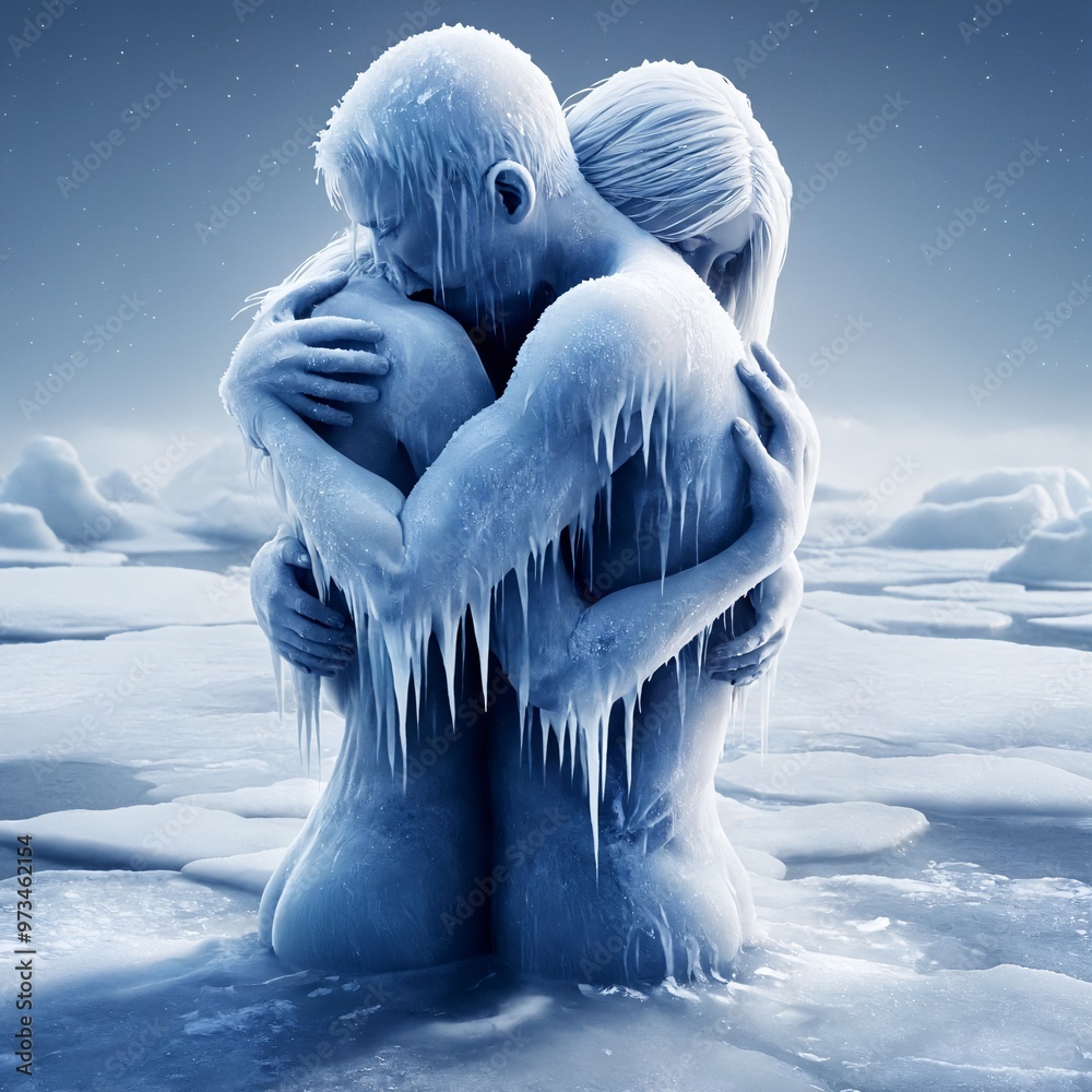 Naklejka premium 3D Render of a couple embracing in a snowy landscape.