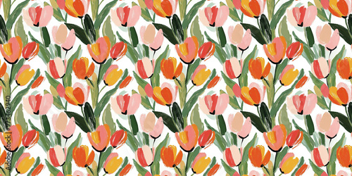 a pattern of tulips, soft pastel colors, including shades of pink, orange, red, green, and yellow