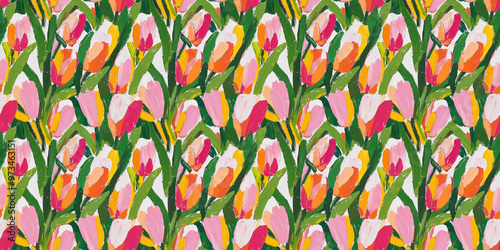 a dreamy abstract painting pattern of pink, red and orange tulips with green leaves on a