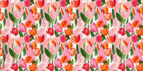a dreamy abstract painting pattern of pink, red and orange tulips with green leaves on a