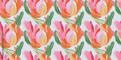 a close-up of an abstract painting with bold brushstrokes depicting tulips in various shades of pink, orange, and green on a white background