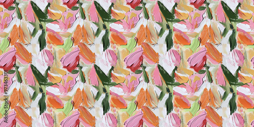 a close-up of an abstract painting with bold brushstrokes depicting tulips in various shades of pink, orange, and green on a white background