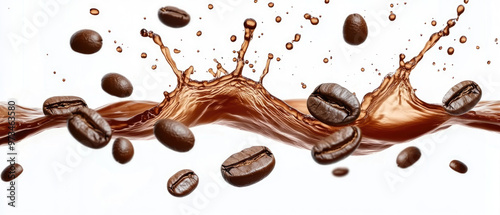 A splash of coffee with coffee beans floating in the air. Concept of energy and excitement, as if the coffee is being poured into a cup and the beans are being released into the air