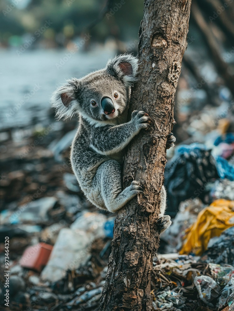 A Koala Clinging to a Tree Amidst a Pile of Trash A Koala Clinging to a Tree Amidst a Pile of Trash