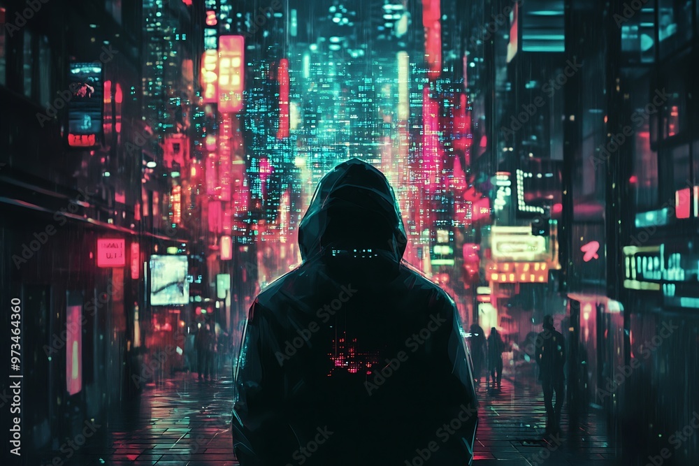 Cyberpunk city night with hooded person, futuristic urban landscape and neon lights