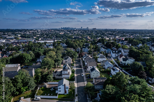 Aerial view of Malden and Boston Massachusetts in late summer 