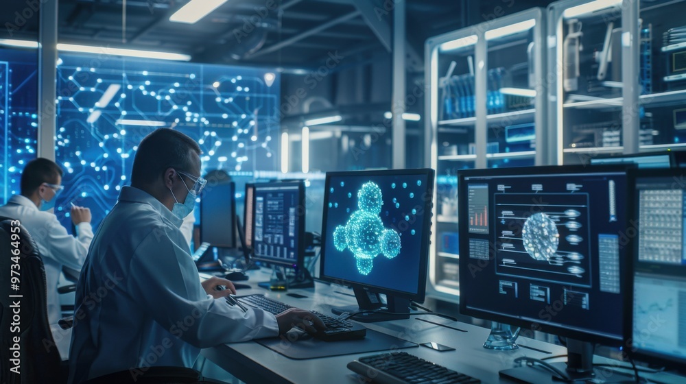 Scientists and engineers working in a modern research lab with advanced technology Scientists and engineers working in a modern research lab with advanced technology
