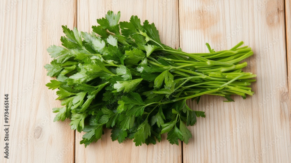 a bunch of fresh parsley leaves herb on a wooden surface a bunch of fresh parsley leaves herb on a wooden surface
