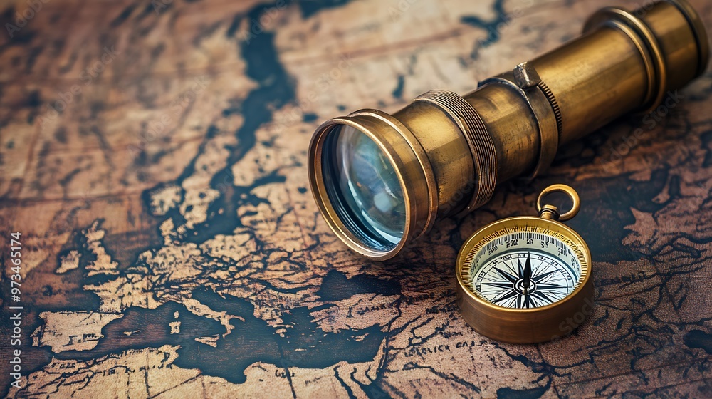 © Ariep - Vintage Telescope and Compass on an Antique Map © Ariep - Vintage Telescope and Compass on an Antique Map
