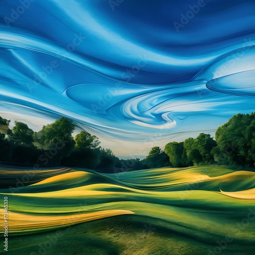 Abstract blurred blue sky, meadow and ground background. Golf course concept.