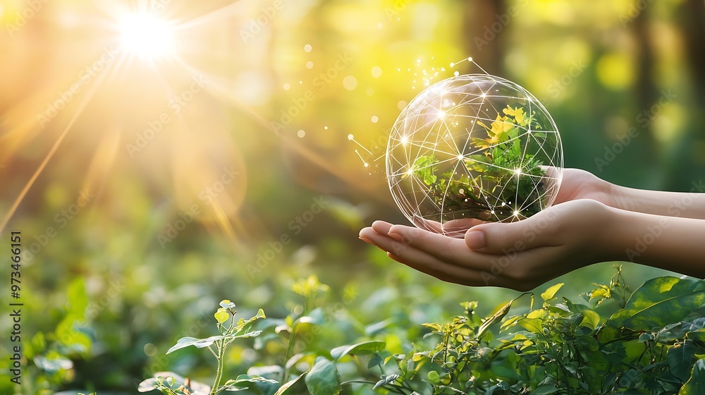 Hands holding a glowing Earth globe with a green plant inside, symbolizing environmental protection and sustainability Hands holding a glowing Earth globe with a green plant inside, symbolizing environmental protection and sustainability