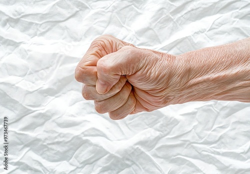 Southeast Asian woman with Volkmann contracture on her left upper arm. It leads to a clawlike posture of the hand, fingers, and wrist. photo