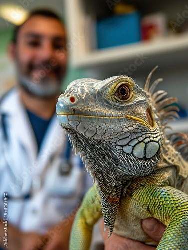 A Close-Up of a Green Iguana Being Examined by a Veterinarian