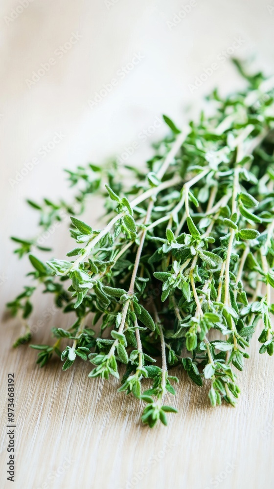 a bunch of fresh thyme leaves herb on a wooden surface a bunch of fresh thyme leaves herb on a wooden surface