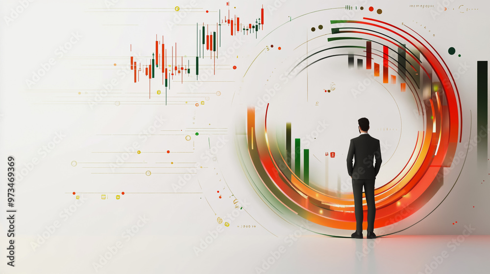 Obraz premium Abstract business man stands on the peak of success amid tall, innovative Smart city and graphs with statistics to analyze business potential and predict future developments in company growth.