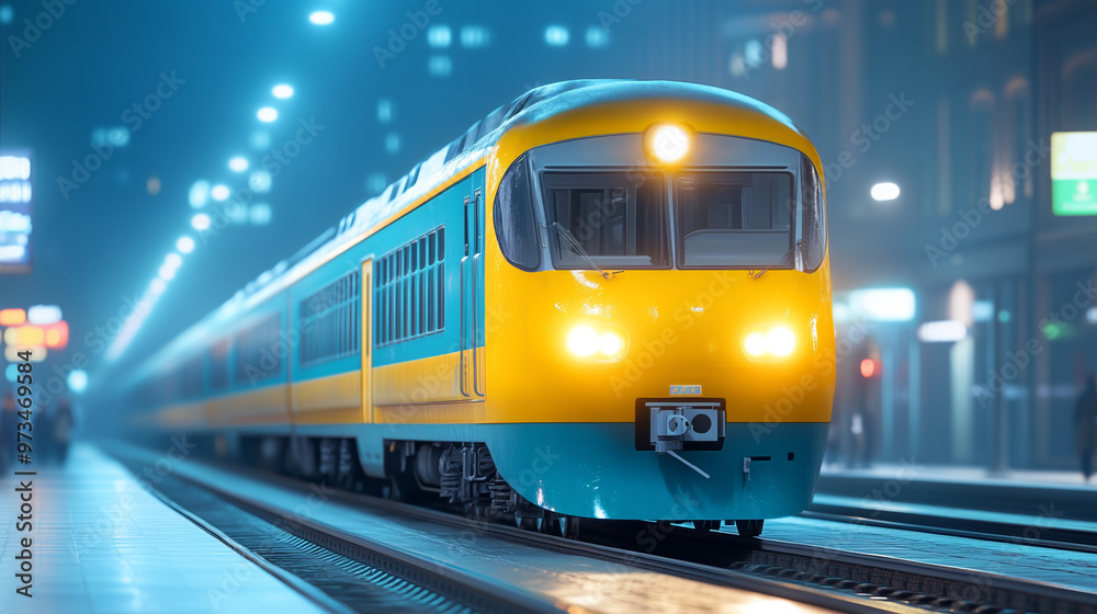 Naklejka premium Bright yellow train arriving at a city station at night