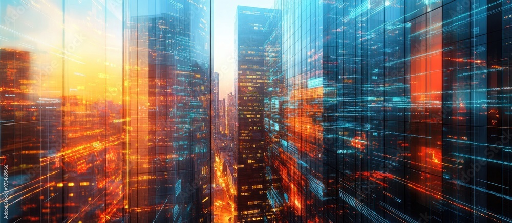 Abstract virtual coding concept set against a backdrop of office buildings featuring multiple exposures Abstract virtual coding concept set against a backdrop of office buildings featuring multiple exposures