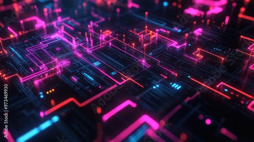 Dark black abstract technology background for computer graphics featuring circuits infographics and motion blur in vibrant neon pixels for digital and business use