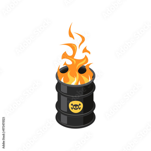 Fire in a barrel. Burning black drum with dangerous toxic waste in isometric view. Vector illustration isolated on a white background in flat style.