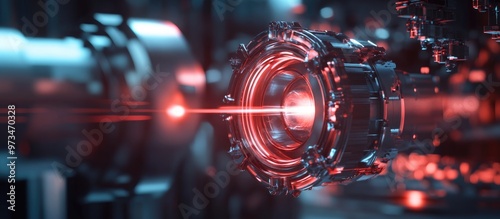 Futuristic digital background featuring a laser beam emanating from a metallic sci fi device 3D rendering