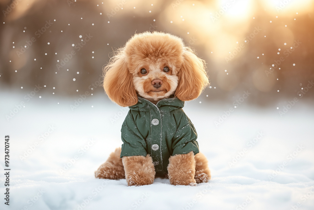 Adorable poodle in 17-6319 Kashmir green coat playing in the snow, World Animal Day Adorable poodle in 17-6319 Kashmir green coat playing in the snow, World Animal Day