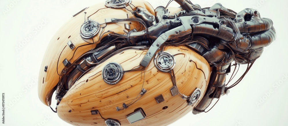 Artificial wooden robotic heart featuring metal components and numerous interconnected wires Artificial wooden robotic heart featuring metal components and numerous interconnected wires