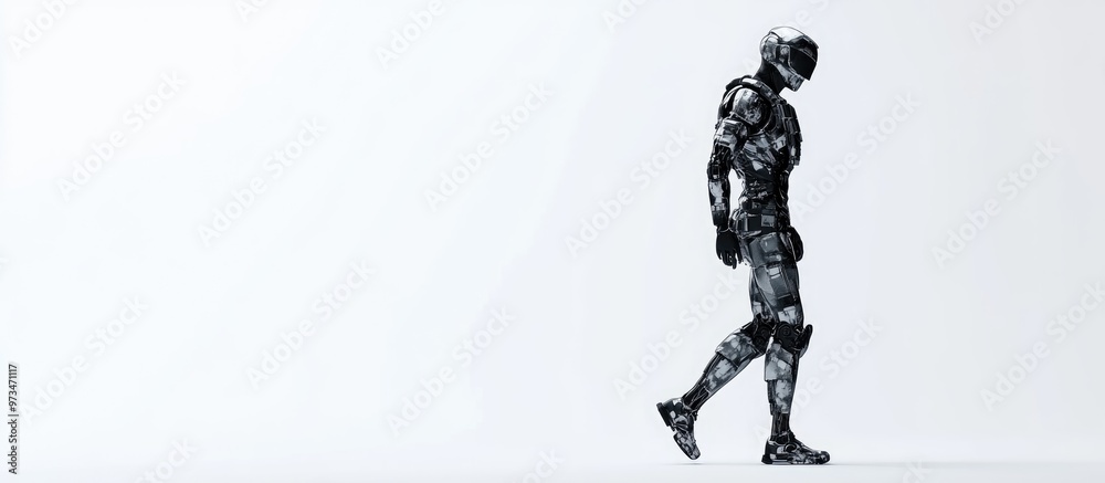 Side view of a futuristic soldier walking against a white background 3D illustration Side view of a futuristic soldier walking against a white background 3D illustration
