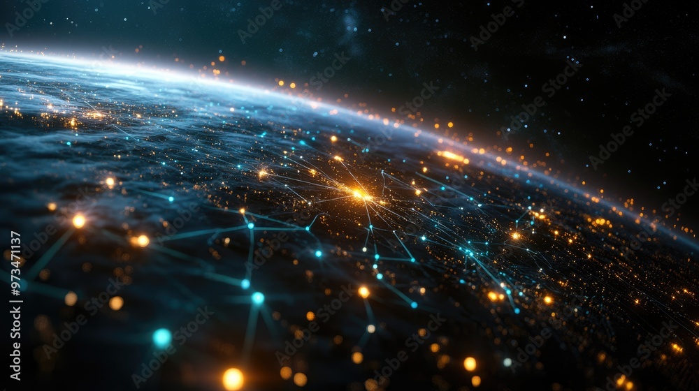 Fototapeta premium Green model of Earth featuring a network design at night Represents concepts of digital technology communication and travel 3D illustration with additional elements
