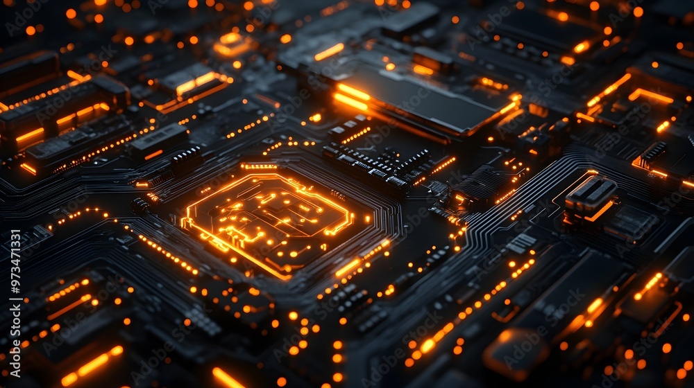 Sci-fi circuit board, copper traces glowing with electric energy, advanced design with interwoven patterns, set against a futuristic dark background Sci-fi circuit board, copper traces glowing with electric energy, advanced design with interwoven patterns, set against a futuristic dark background