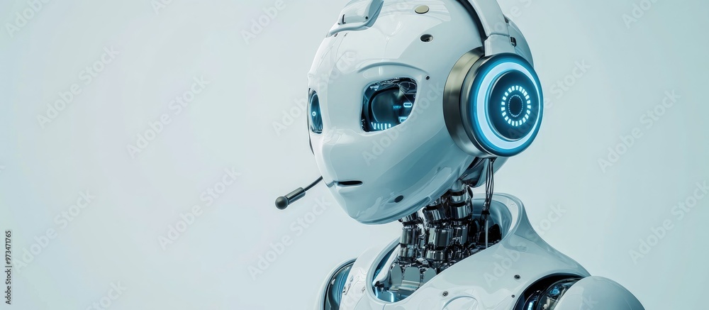 3D rendered robot with headset representing the concept of automated customer service 3D rendered robot with headset representing the concept of automated customer service