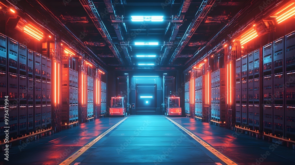 Obraz premium Stacked pallets against a high-tech warehouse, augmented reality crates and robotic forklifts, sci-fi industrial theme, deep blue lighting, photo-realistic render