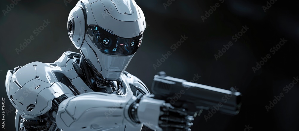 3D rendering of an advanced robotic law enforcement officer or warrior equipped with a firearm against a dark backdrop