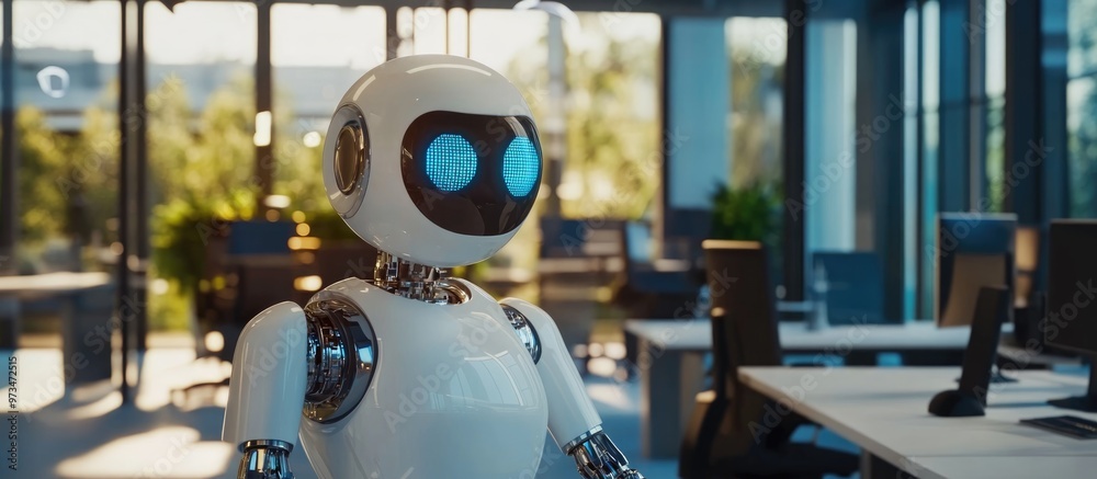 Fototapeta premium 3D rendering of AI robot technology managing tasks in an office environment