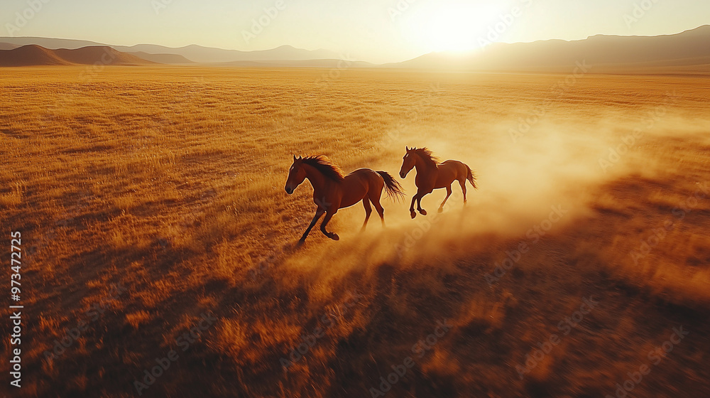 Wide-Angle Perspective of Wild Horses Galloping Across a Sunlit Plain Wide-Angle Perspective of Wild Horses Galloping Across a Sunlit Plain