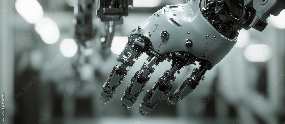 Fototapeta premium Futuristic 3D illustration of a metallic humanoid cyborg torso suspended from machinery with a focus on repair and technology elements