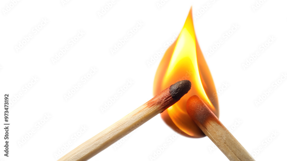 Two matchsticks igniting, showcasing the beauty of fire in a vibrant flame, perfect for illustrations and creative projects. Transparent or white background. Two matchsticks igniting, showcasing the beauty of fire in a vibrant flame, perfect for illustrations and creative projects. Transparent or white background.