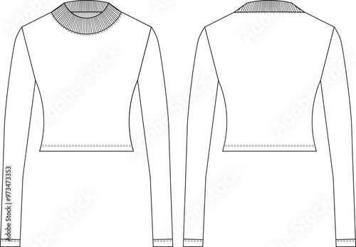 mock neck high neck funnel neck ribbed collar long sleeve fit elastic cropped crop blouse top sweater template technical drawing flat sketch cad mockup fashion woman design style model