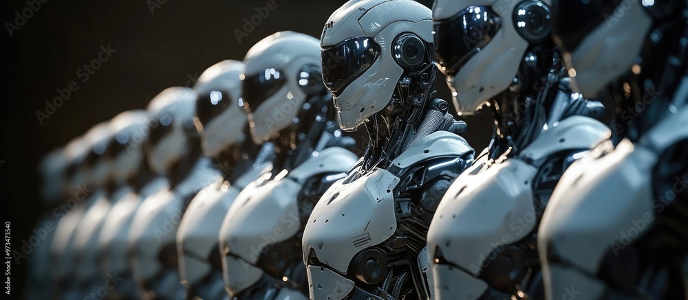 Futuristic army of robots or cyborgs positioned against a dark backdrop 3D rendering Futuristic army of robots or cyborgs positioned against a dark backdrop 3D rendering
