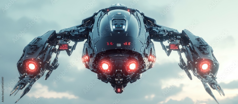 Fototapeta premium Fast flying cyber mech from a rear perspective 3D illustration