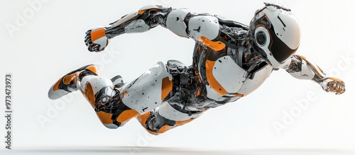 Dynamic cyborg character in action resembling a superhero against a clean white background 3D illustration