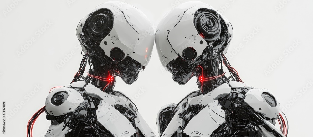 Two robotic figures connected by wires against a white background Two robotic figures connected by wires against a white background