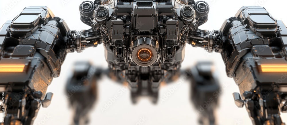 Fototapeta premium Close up of a heavy mech s rear view against a white background featuring detailed 3D rendering