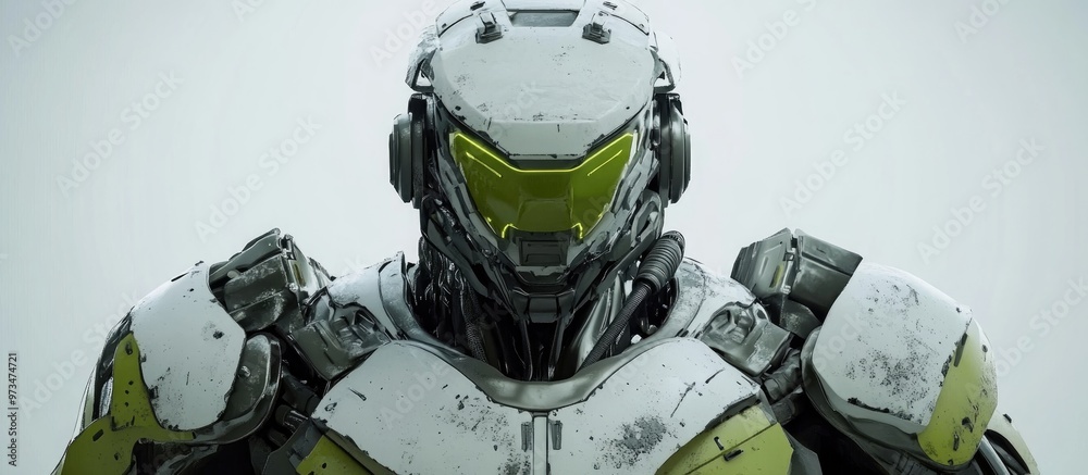 Futuristic mech soldier with scratched metal armor featuring a green and gray color scheme 3D rendering of a military robot controlled by a pilot on a white background Futuristic mech soldier with scratched metal armor featuring a green and gray color scheme 3D rendering of a military robot controlled by a pilot on a white background
