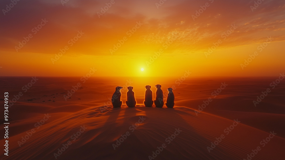 Fototapeta premium Meerkats Standing on Desert Hill During Sunset