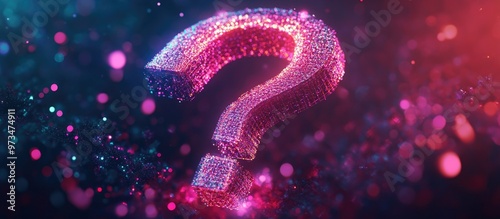 Futuristic glowing question mark featuring plexus lines and glitter particles designed in a neon light style 3D abstract concept with digital technology elements